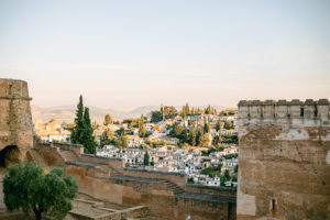 City view looking out from Nazaret Palace inside Alhambra Palace in Granada, Spain