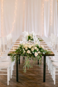 King table scape and white floral decorations inside the Old School House in Newberg, OR