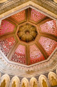 Pink color octagon dome ceiling with Moorish architectures located inside Monserrat Palace in Sintra, Portugal